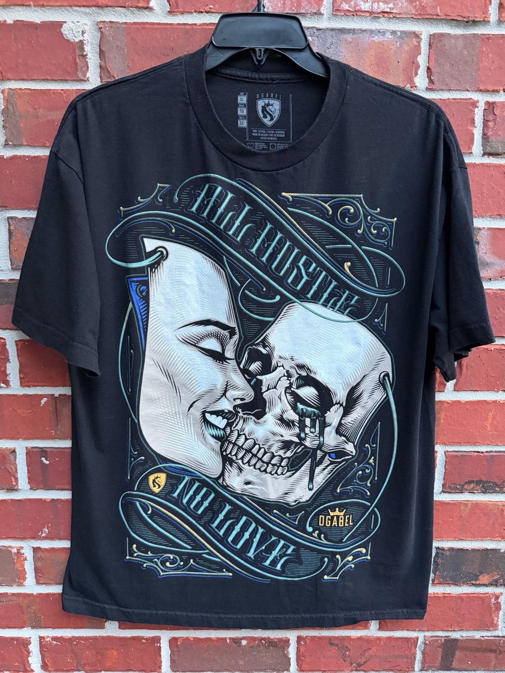 OGABEL All Hustle No Love XL Woman & Skull Masks Black Short Sleeve T-shirt P7